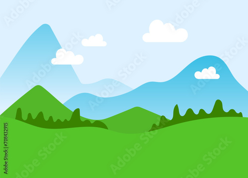 Simplified landscape with green hills and blue mountains under a sky with clouds. Serene nature scene, flat design hillscape. Tranquility in nature vector illustration.