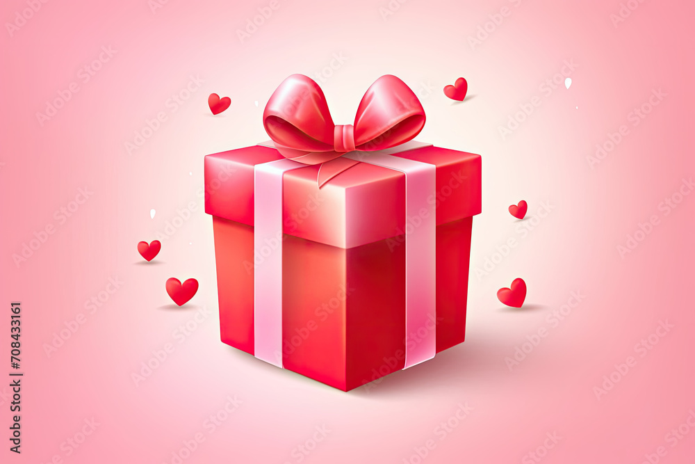 Red Gift Box With Bow, Hearts on Pink Background for Valentines Day Surprise Present