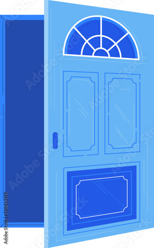 Blue open door with arched glass window on top. Simple flat style house entrance illustration. Welcoming home concept and open door symbol vector illustration.