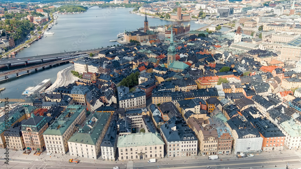 Stockholm, Sweden. Old Town (Gamla Stan). Saint Gertrude, German Church - Lutheran Church. Panorama of the city. Summer day, Aerial View