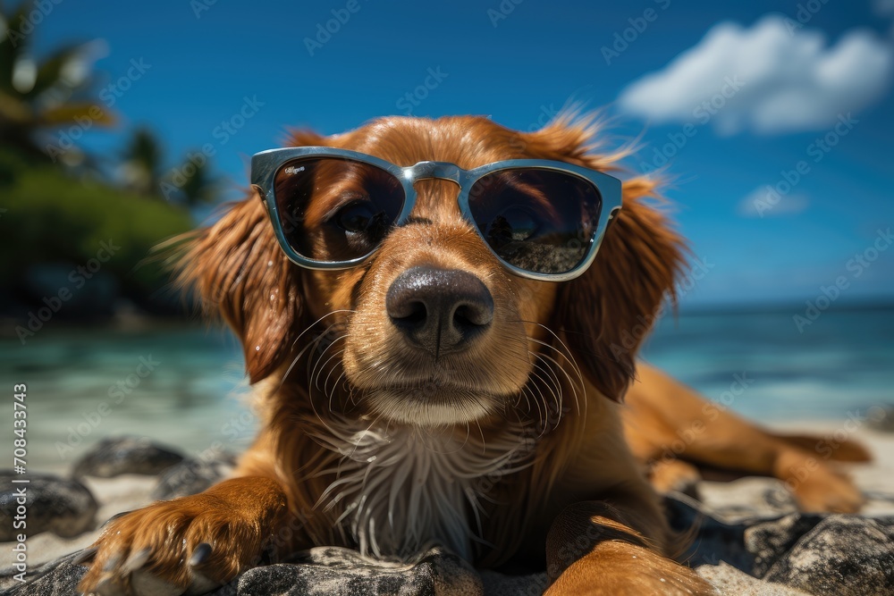 Cute dog in sunglasses on vacation, lying on the beach. Summer concept. Pets on vacation Cute dog in sunglasses on vacation, lying on the beach. Summer concept. Pets on vacation
