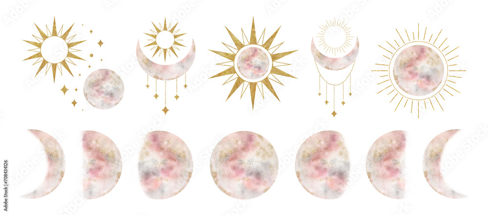 Set of crescent moon, sun, floral elements. Moon, sun and. Isolated watercolor illustration on the topic of astrology and esotericism. Magic celestial clipart for design, print, fabric or background - obrazy, fototapety, plakaty 