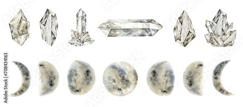 Set of various phases of gray moon, magic crystals. Crescent moon and semi-precious stones. Isolated watercolor illustration. Magic celestial clipart for design, print, fabric or background photo