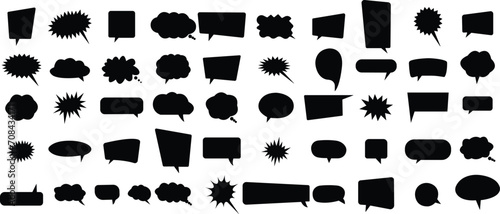 Set of Talk bubble speech icons. Black fill bubbles vectors illustrations designs elements. Chat on Filled symbols template. Dialogue balloon stickers silhouette isolated on transparent background.