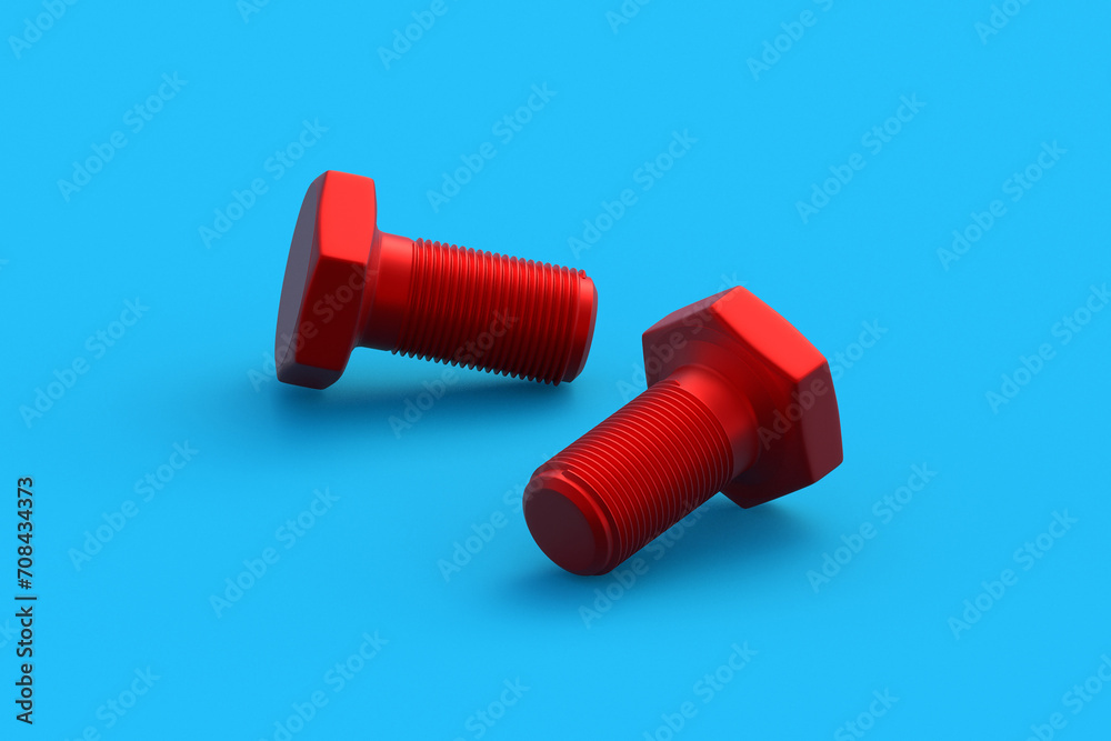 Two red bolts on blue background. Construction materials. Industrial equipment. Tools in the workshop. 3d render Two red bolts on blue background. Construction materials. Industrial equipment. Tools in the workshop. 3d render