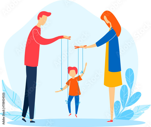 Adult couple manipulating a child on strings like a puppet. Parents controlling their kid s life concept. Family relationships and upbringing vector illustration.