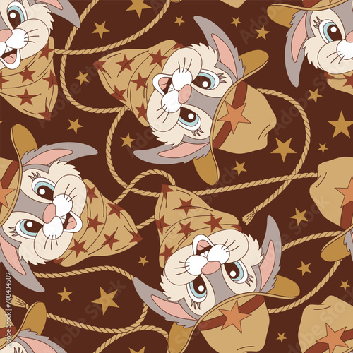 Howdy cute cartoon bunny portrait cowboy sheriff vector seamless pattern. Wild West Happy Easter background.