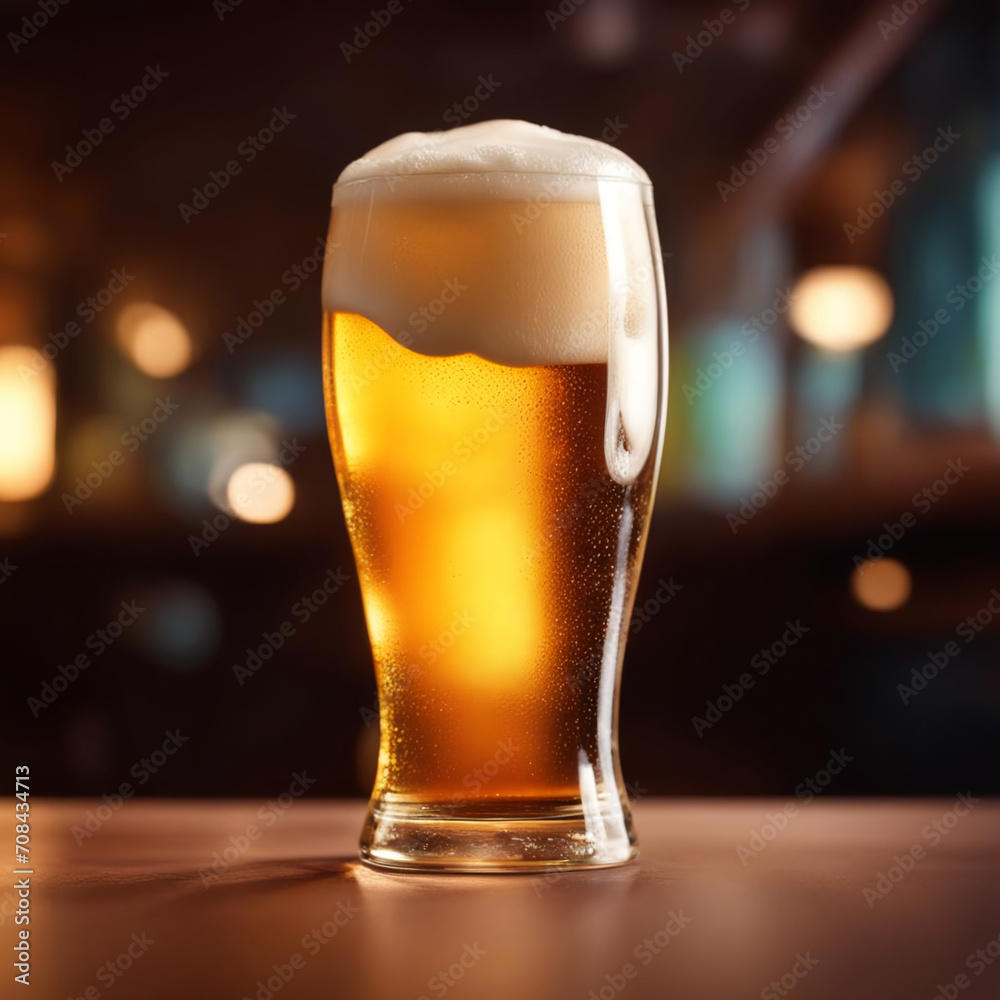 Glass of fresh, invigorating beer on the bar counter. Glass of fresh, invigorating beer on the bar counter.