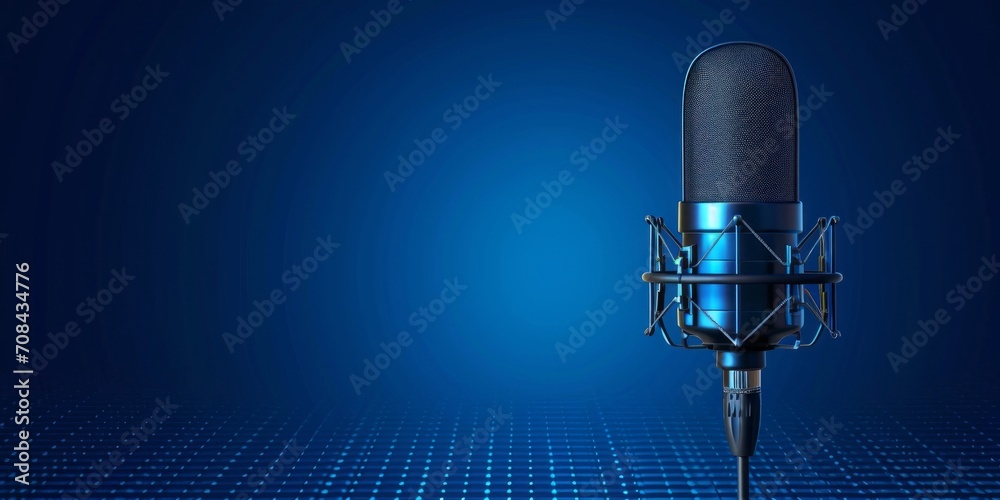 Professional studio microphone on a blue background. There are no people in the photo. Minimalism. Professional recording studio, vocals, conversational genre, debates, interviews, radio. TV.