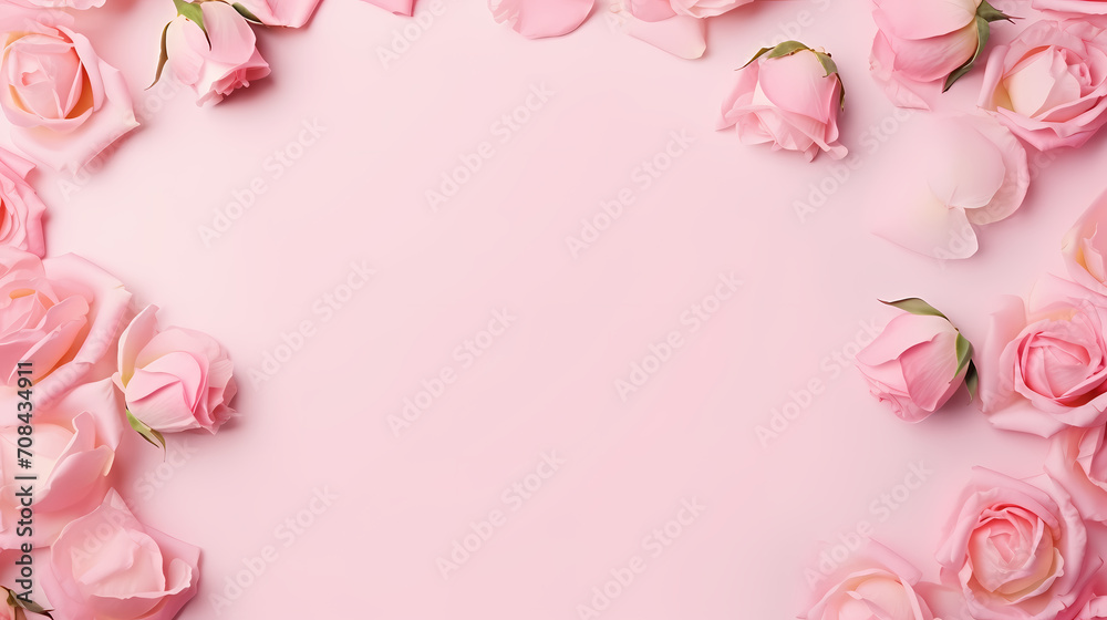 Pink rose flower composition background, decorative flower background pattern, floral border background Pink rose flower composition background, decorative flower background pattern, floral border background