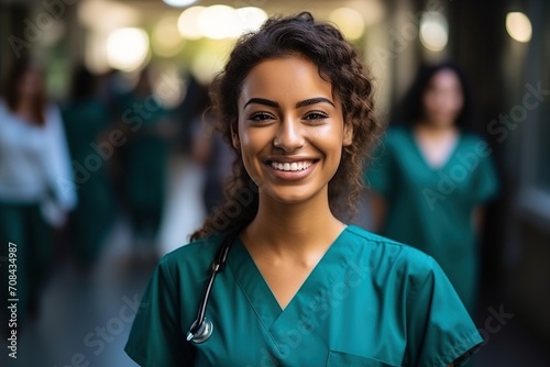 A smiling young female doctor or nurse in a green uniform with a stethoscope around her neck