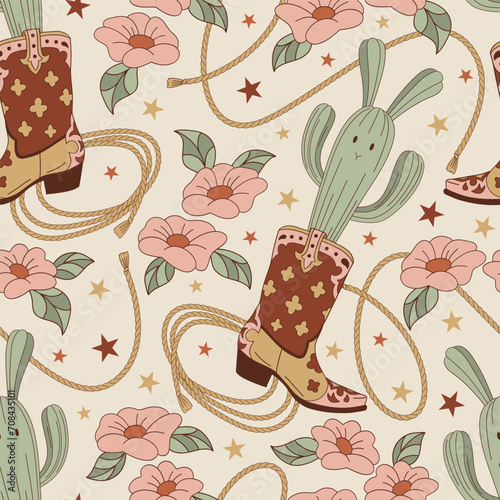 Howdy bunny cactus in cowboy boots rodeo lasso floral vector seamless pattern. Western Happy Easter background.