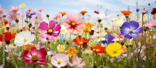 Blooms of various colorful flowers in a field.