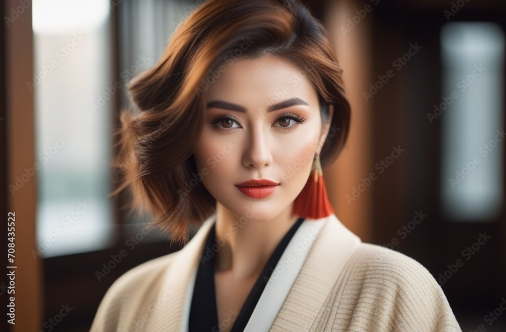 photography, beautiful Japanese woman, natural makeup, fashionable haircut, round face, warmth, friendliness photography, beautiful Japanese woman, natural makeup, fashionable haircut, round face, warmth, friendliness