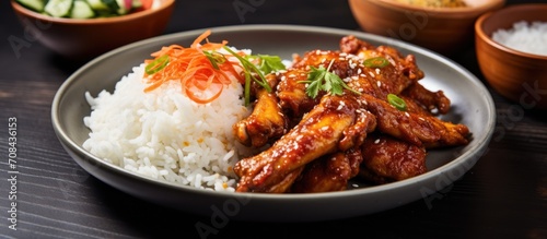 Korean chicken wings in galbi sauce with radish, kimchi, and rice sides