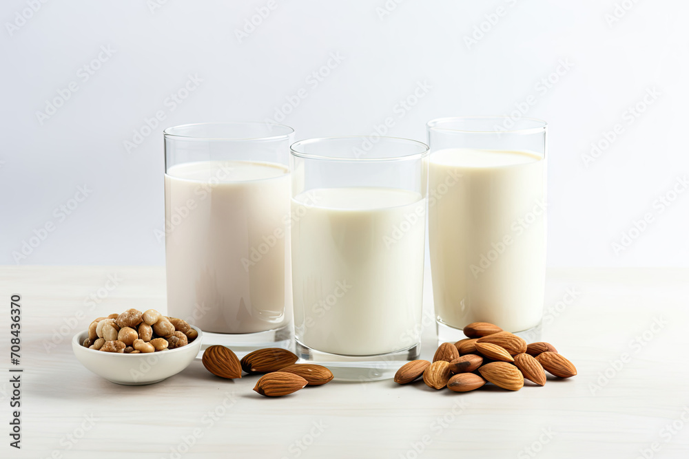 Three Glasses of Milk and Almonds on a Table Three Glasses of Milk and Almonds on a Table
