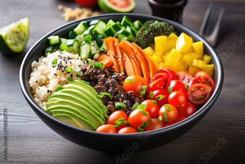 Bowl of Rice With Avocado, Tomatoes, Broccoli, and More Fresh Ingredients