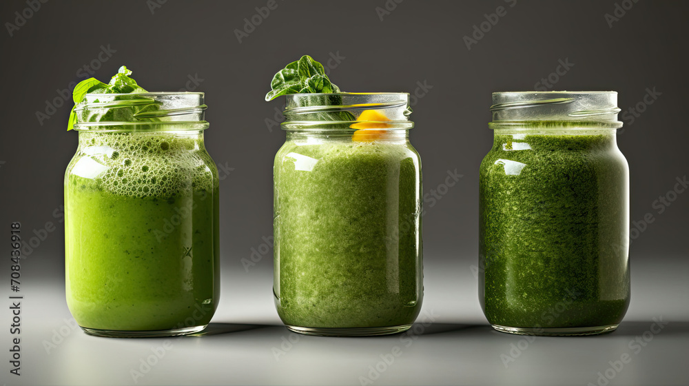 Three Mason Jars Filled With Green Smoothies Three Mason Jars Filled With Green Smoothies