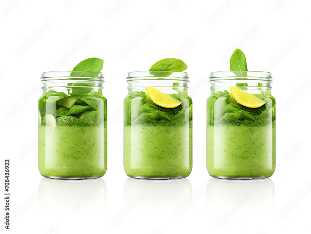 Three Mason Jars Filled With Nutritious Green Smoothie Three Mason Jars Filled With Nutritious Green Smoothie