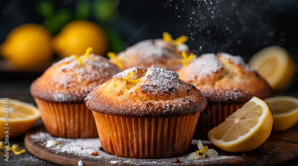 Delicious homemade lemon poppy seed muffins dessert recipe concept for home kitchen baking