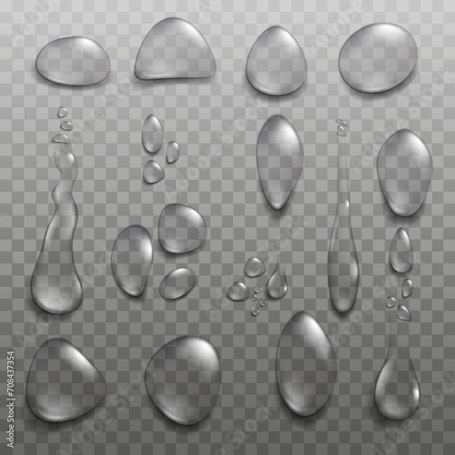 Water and rain drops with light reflections on transparent background, realistic 3d vector design