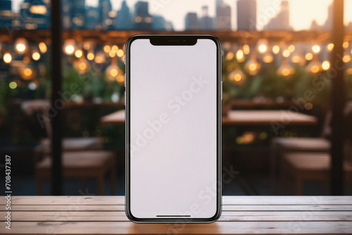 Mockup smartphone with blank screen on wooden table in cafe .