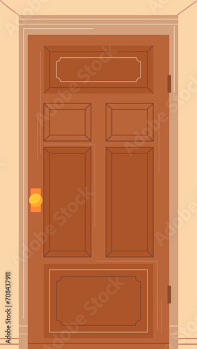 Brown wooden closed door home entrance. Detailed wooden texture front door vector illustration. Secure house door, architecture design element vector illustration. © Seahorsevector
