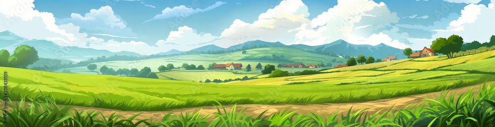 a painting of a green hilly landscape with a house on the hill in the distance and a blue sky with clouds, generative ai