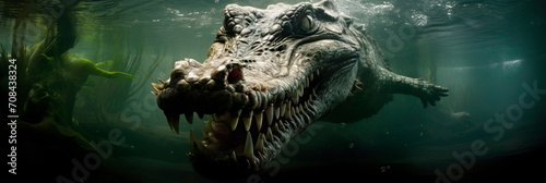 crocodile concealed beneath the water's surface, its eyes and snout visible as it waits patiently for a suitable moment to ambush a drinking prey. © Maximusdn