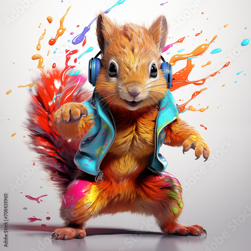 retro neon baby squirrel painting with jacket and dancing to music photo