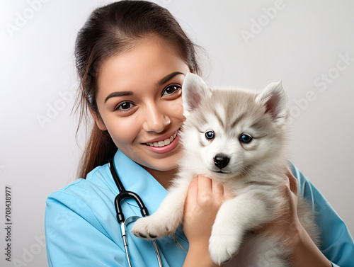Woman Holding White Puppy in Blue Shirt