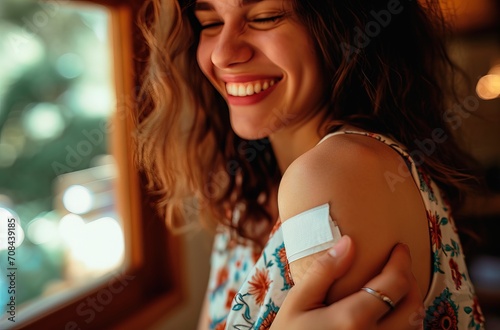 Woman with a plaster on her shoulder smiles after being vaccinated for a disease photo