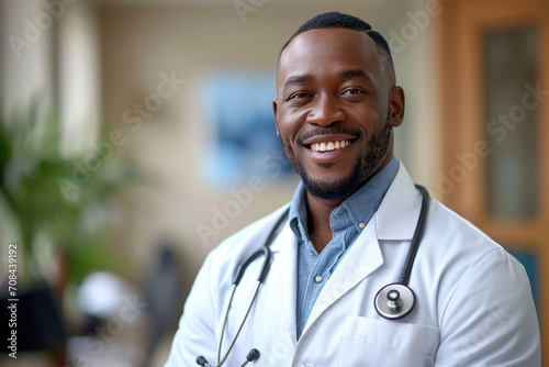 Portrait Of Mature African Male Doctor Wearing White Coat Standing In Hospital Corridor