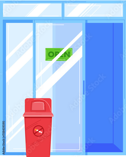 Red trash bin in front of a glass entrance door with an open sign. Clean and minimalistic urban waste management vector illustration.