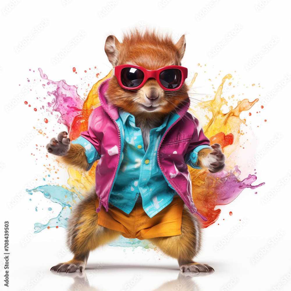 retro neon baby squirrel painting with jacket and dancing to music