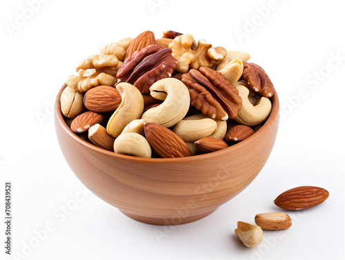 Assorted Nuts in Wooden Bowl - Healthy Snack Food With Variety and Natural Flavors