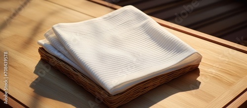 Design presentation of a folded blank tea towel on a wicker table mat mockup. photo