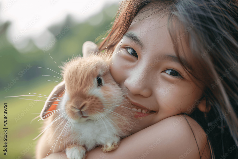Asian Girl Embracing Cute Bunny in a Spring Meadow on Easter Asian Girl Embracing Cute Bunny in a Spring Meadow on Easter