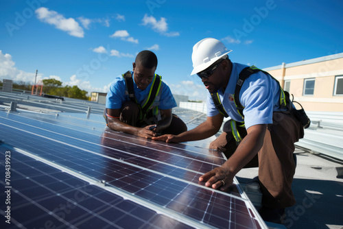 Two Men Working on Solar Panel Installation on Roof