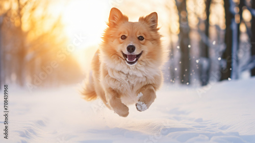 Fluffy human friend happy dog playing in the snow © fisher