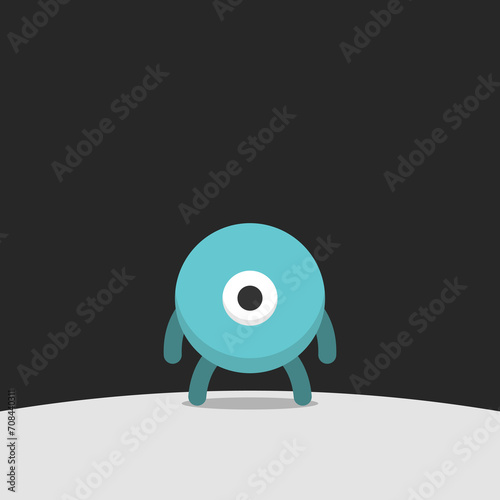 Lonely alien on empty planet in space. Round funny bizarre monster with one eye. Turquoise blue character. Loneliness concept. Flat design. EPS 8 vector illustration, no transparency, no gradients