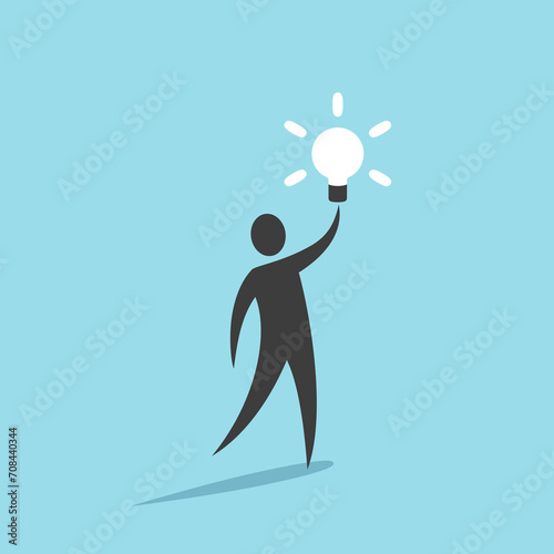 Man, genius with glowing lightbulb. Creative idea, inspiration, aha moment, insight, innovation and creativity concept. Flat design. EPS 8 vector illustration, no transparency, no gradients