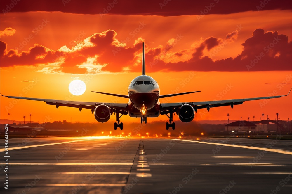 Captivating Sunset Takeoff. Majestic Passenger Airplane Soaring from the Airport Runway at Dusk Captivating Sunset Takeoff. Majestic Passenger Airplane Soaring from the Airport Runway at Dusk
