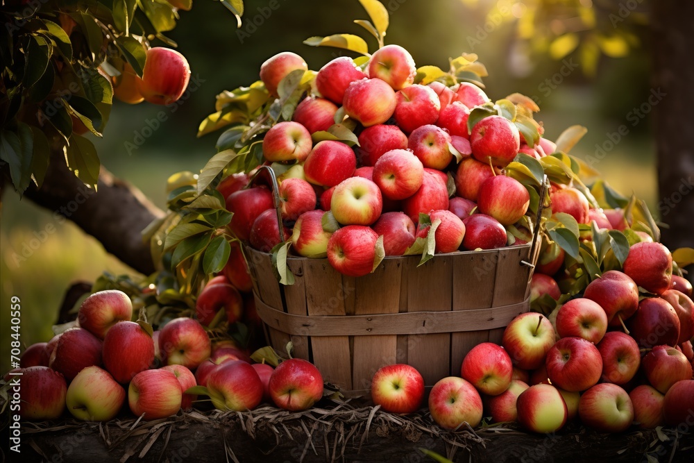 Freshly Harvested Red Apples in a Traditional Woven Basket Underneath a Luscious Fruit- Bearing Tree Freshly Harvested Red Apples in a Traditional Woven Basket Underneath a Luscious Fruit- Bearing Tree