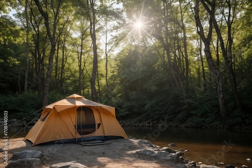 Beautiful view of a tourist tent camping in a forest by the river in the morning with copy space.