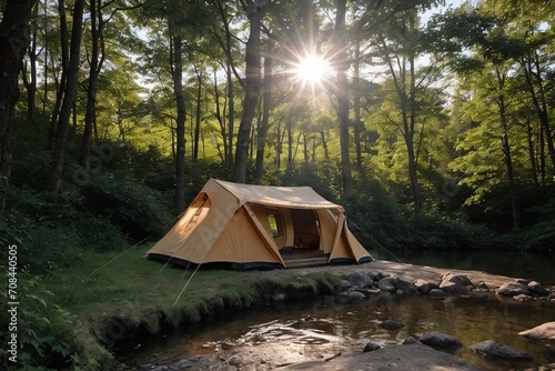 Beautiful view of a tourist tent camping in a forest by the river in the morning with copy space.