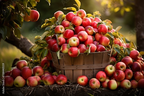 Freshly Harvested Red Apples in a Traditional Woven Basket Underneath a Luscious Fruit- Bearing Tree