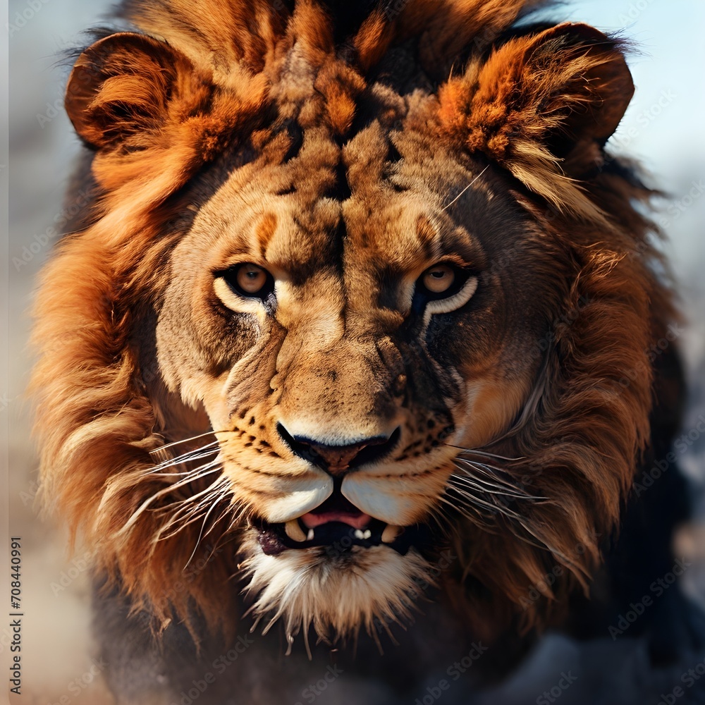 Naklejka premium Close-up of the head of an aggressive lion ready to attack. The king of beasts with a large lush head of hair looks with a confident regal look. Wild animal illustration for cover, banner, brochure 