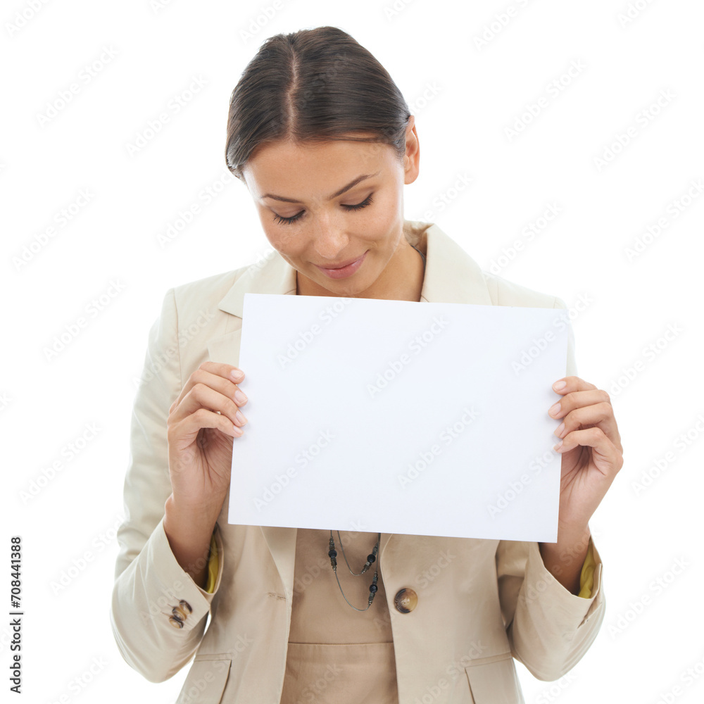 Business woman, poster and billboard in advertising or marketing on a white studio background. Young female person or employee with empty sign or blank paper for message, notification or mockup space Business woman, poster and billboard in advertising or marketing on a white studio background. Young female person or employee with empty sign or blank paper for message, notification or mockup space