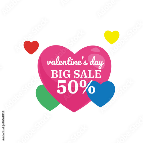Happy Valentine's Day big sale card with red realistic banner heart on a red pink background. Vector illustration EPS 10